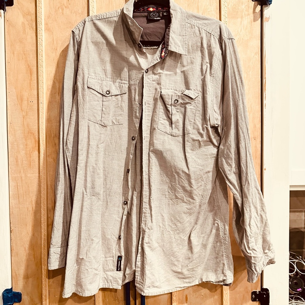 Burnside Gray Striped Button Down Shirt Size L Western Detail